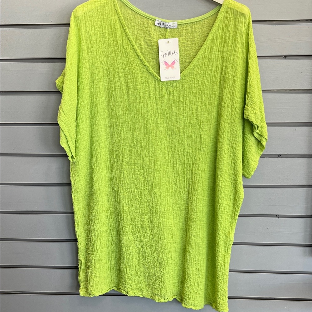 Lime Green V-Neck Gauze Short Sleeve Tee Made in Italy